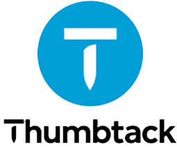 Thumbtack logo with a white pin icon in a blue circle above the word "Thumbtack" in black text.