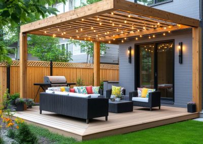 Modern backyard patio with pergola, string lights, outdoor seating, and grill on a wooden deck, surrounded by greenery.