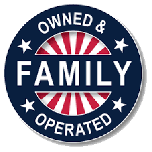 Round badge with stars and stripes, reading "Family Owned & Operated" in bold white letters on blue background.