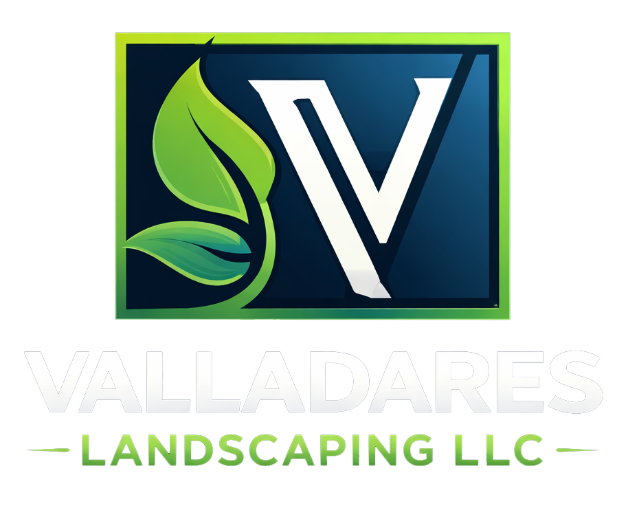 Logo with a stylized "V" and green leaves; text reads "Valladares Landscaping LLC" below.